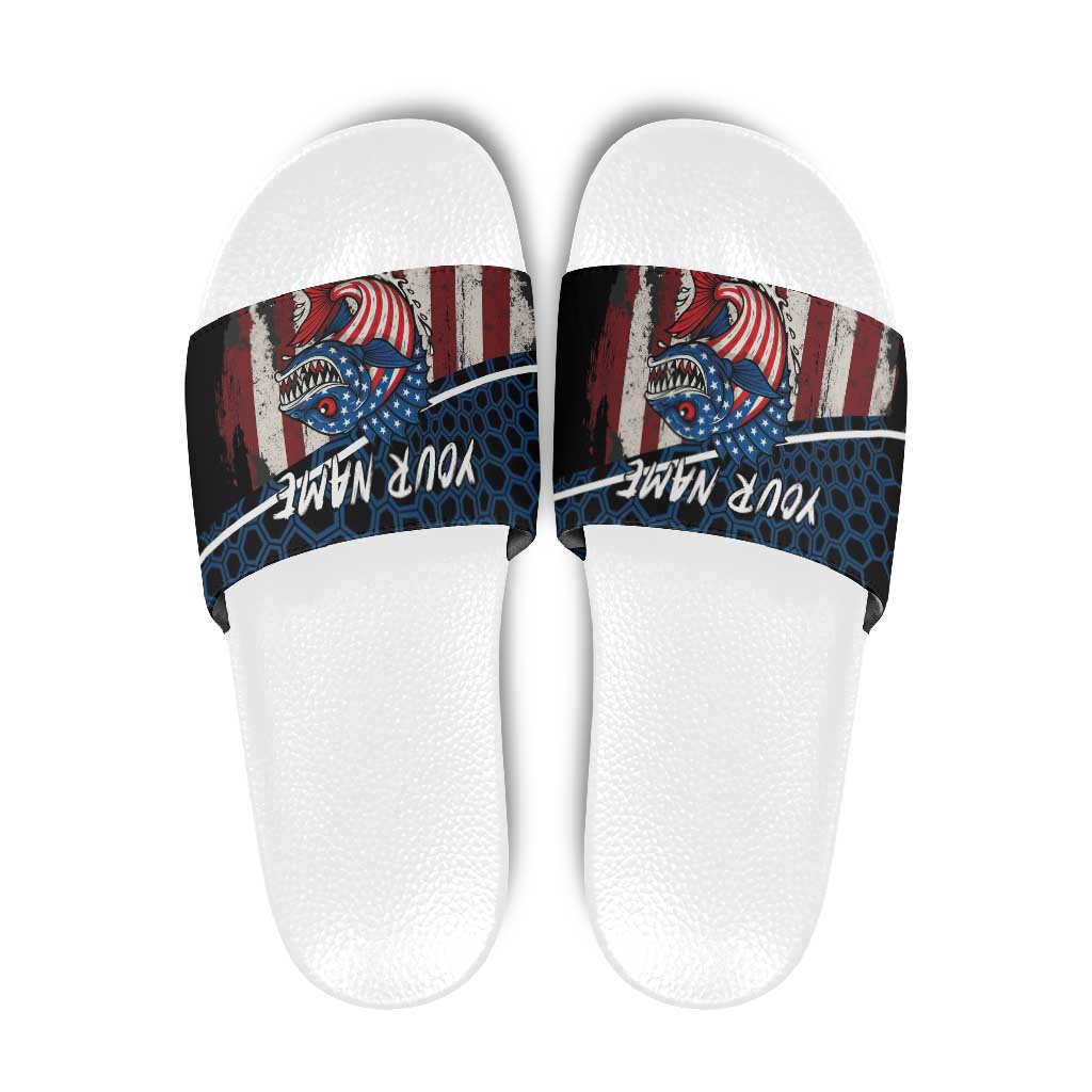 Aggressive Bass Fishing Slide Sandals with American Flag Pattern on Grunge Hex Background TS04