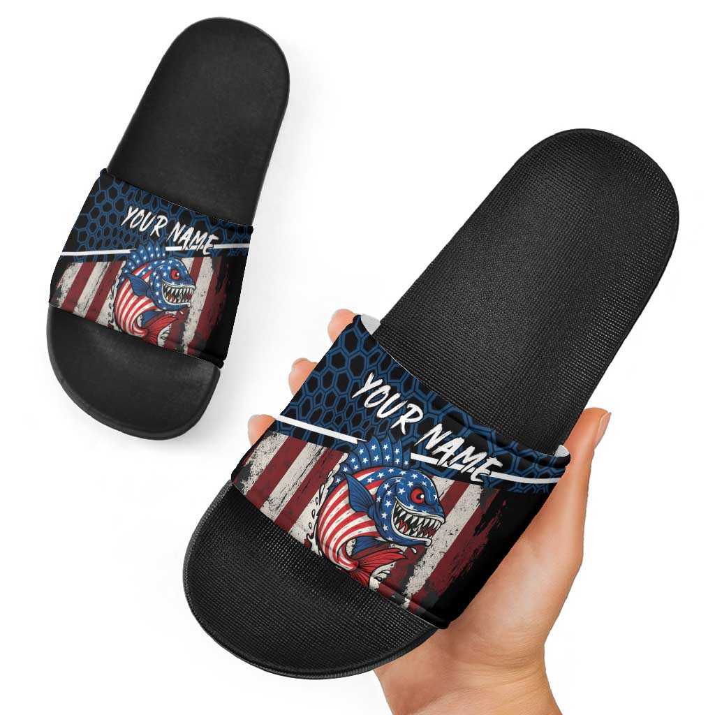 Aggressive Bass Fishing Slide Sandals with American Flag Pattern on Grunge Hex Background TS04