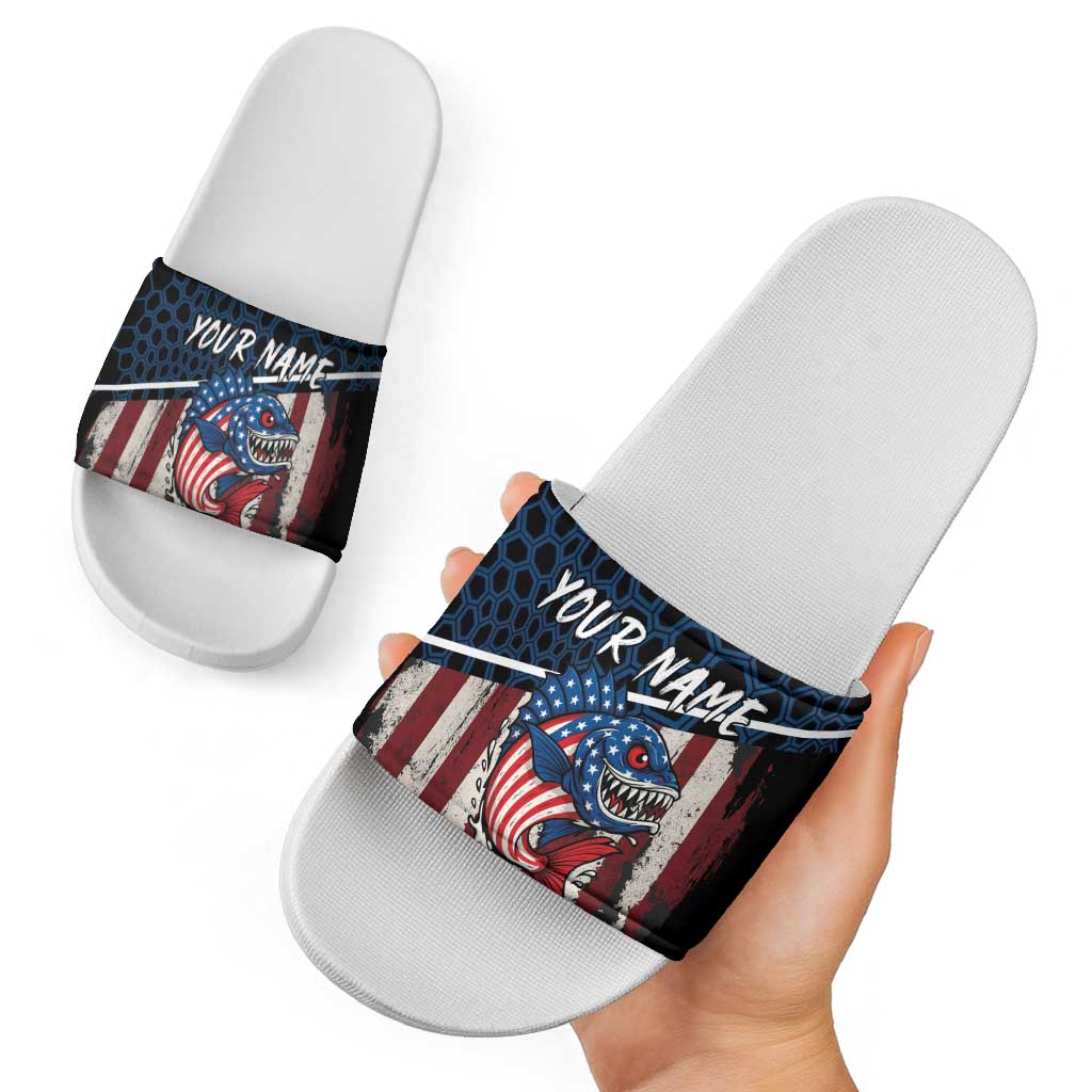 Aggressive Bass Fishing Slide Sandals with American Flag Pattern on Grunge Hex Background TS04