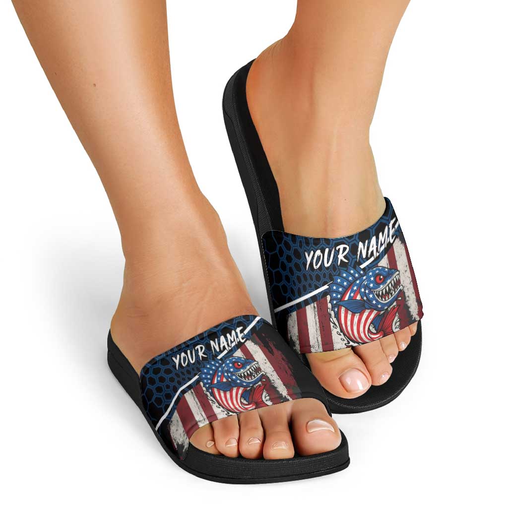 Aggressive Bass Fishing Slide Sandals with American Flag Pattern on Grunge Hex Background TS04