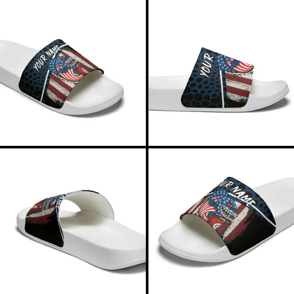 Aggressive Bass Fishing Slide Sandals with American Flag Pattern on Grunge Hex Background TS04