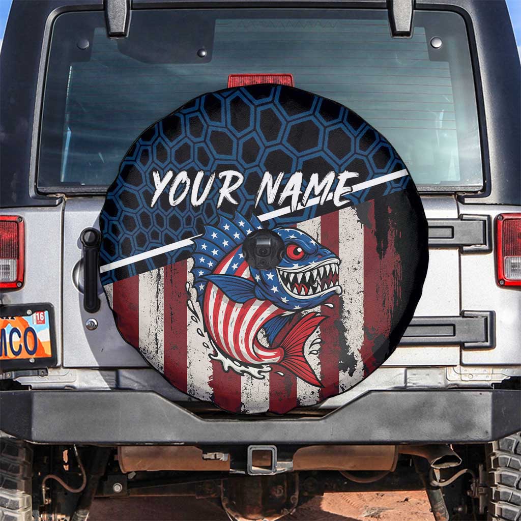 Aggressive Bass Fishing Spare Tire Cover with American Flag Pattern on Grunge Hex Background TS04