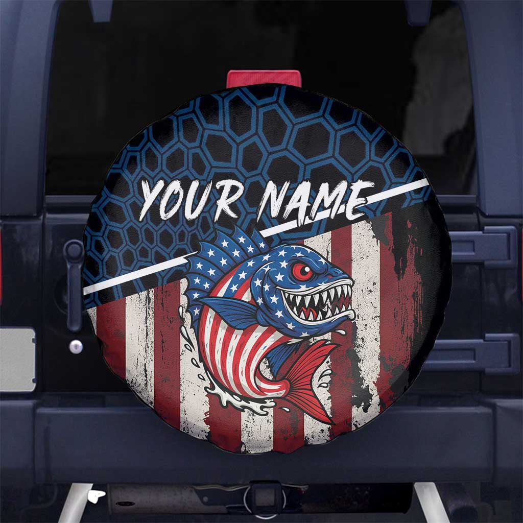 Aggressive Bass Fishing Spare Tire Cover with American Flag Pattern on Grunge Hex Background TS04
