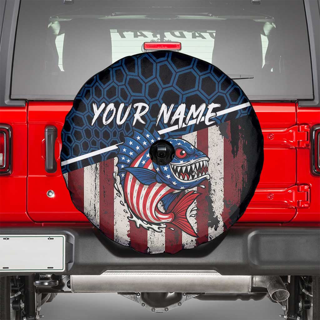 Aggressive Bass Fishing Spare Tire Cover with American Flag Pattern on Grunge Hex Background TS04