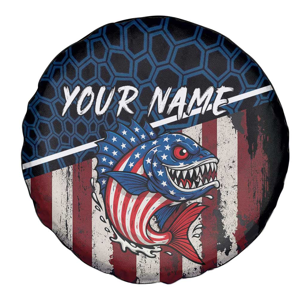 Aggressive Bass Fishing Spare Tire Cover with American Flag Pattern on Grunge Hex Background TS04