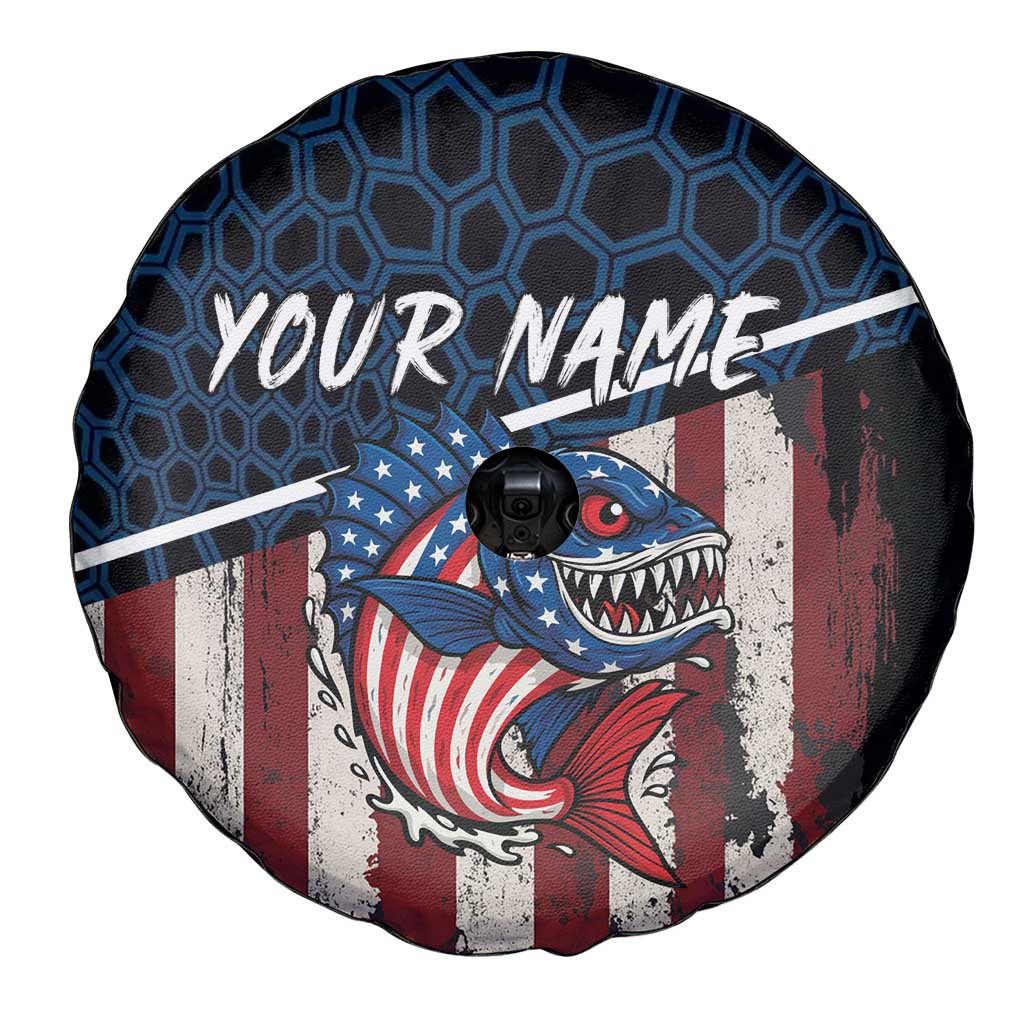 Aggressive Bass Fishing Spare Tire Cover with American Flag Pattern on Grunge Hex Background TS04