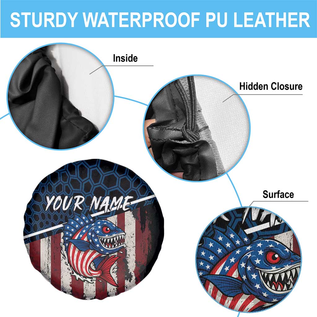 Aggressive Bass Fishing Spare Tire Cover with American Flag Pattern on Grunge Hex Background TS04