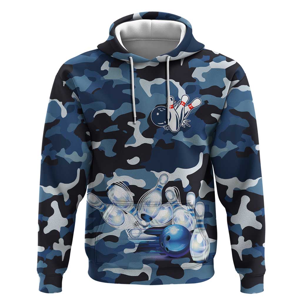 Blue Camouflage Pattern Hoodie with Bowling Pins and Ball Graphic Design TS04