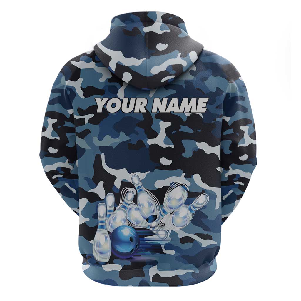Blue Camouflage Pattern Hoodie with Bowling Pins and Ball Graphic Design TS04
