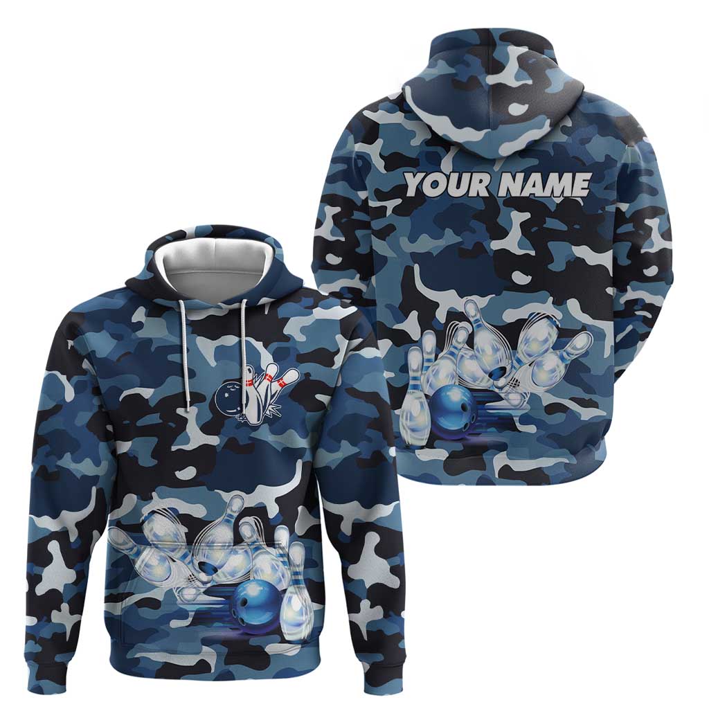 Blue Camouflage Pattern Hoodie with Bowling Pins and Ball Graphic Design TS04