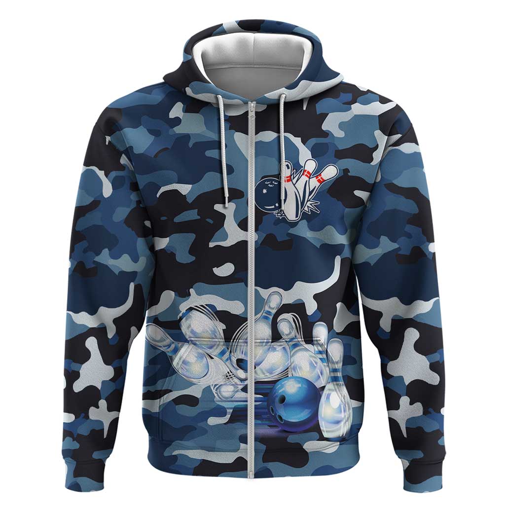 Blue Camouflage Pattern Hoodie with Bowling Pins and Ball Graphic Design TS04