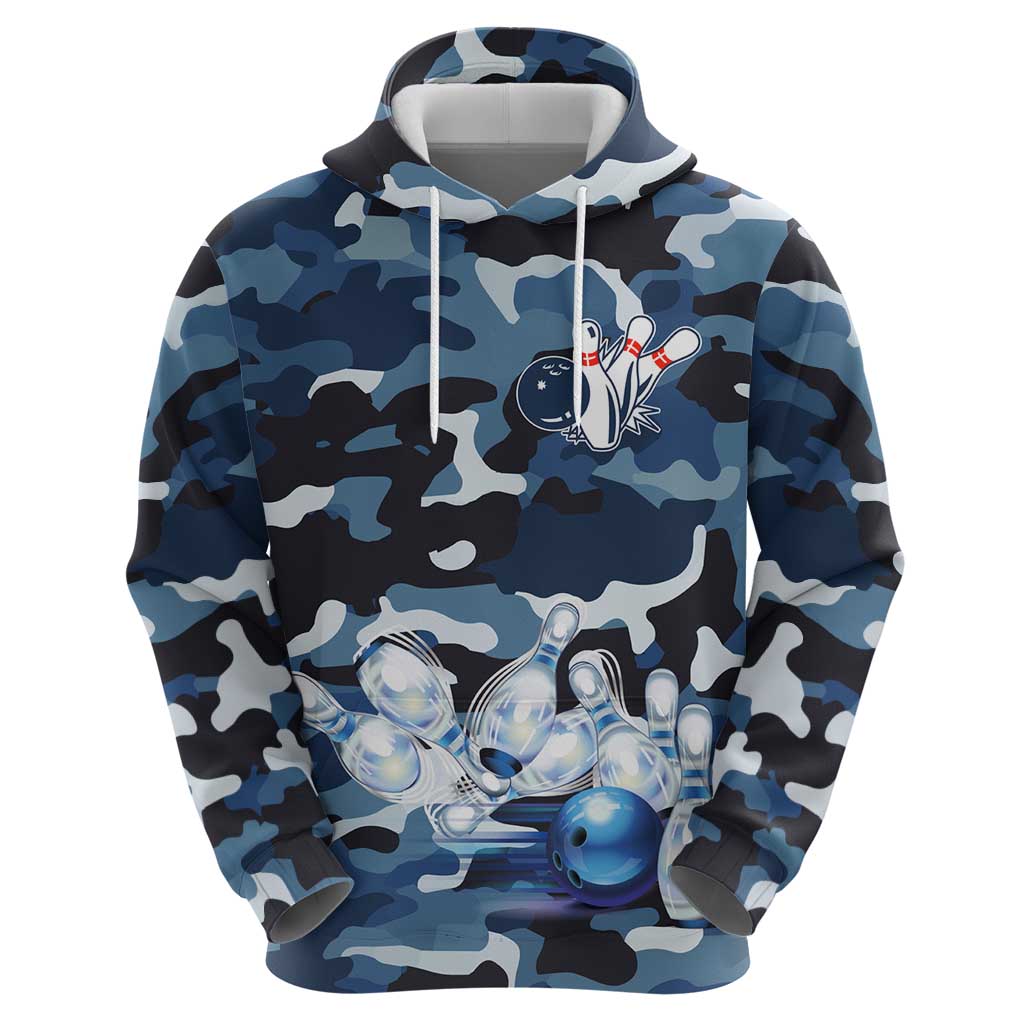 Blue Camouflage Pattern Hoodie with Bowling Pins and Ball Graphic Design TS04