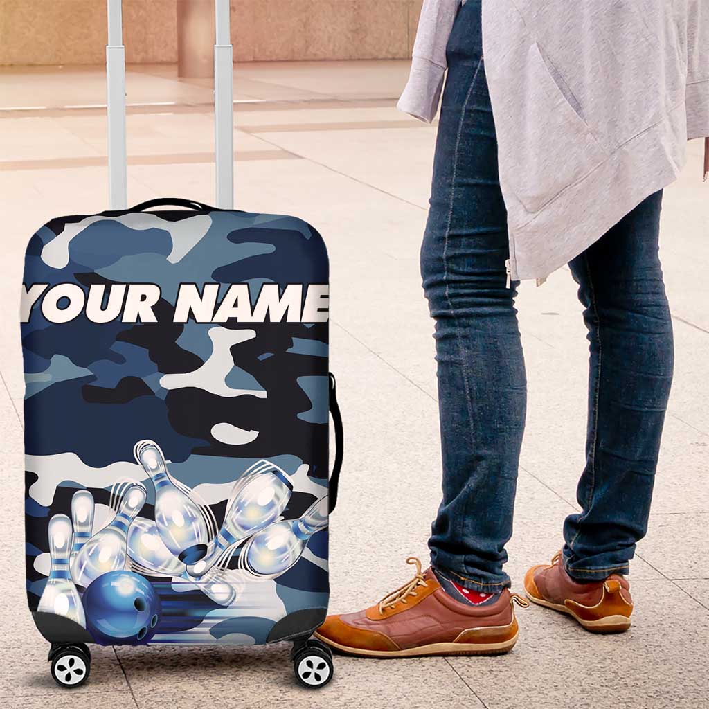 Blue Camouflage Pattern Luggage Cover with Bowling Pins and Ball Graphic Design TS04