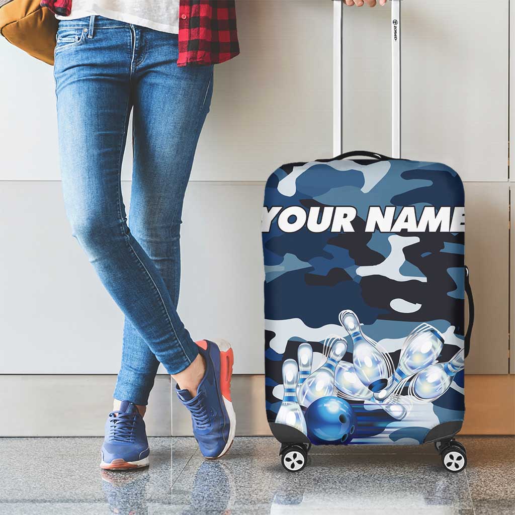 Blue Camouflage Pattern Luggage Cover with Bowling Pins and Ball Graphic Design TS04