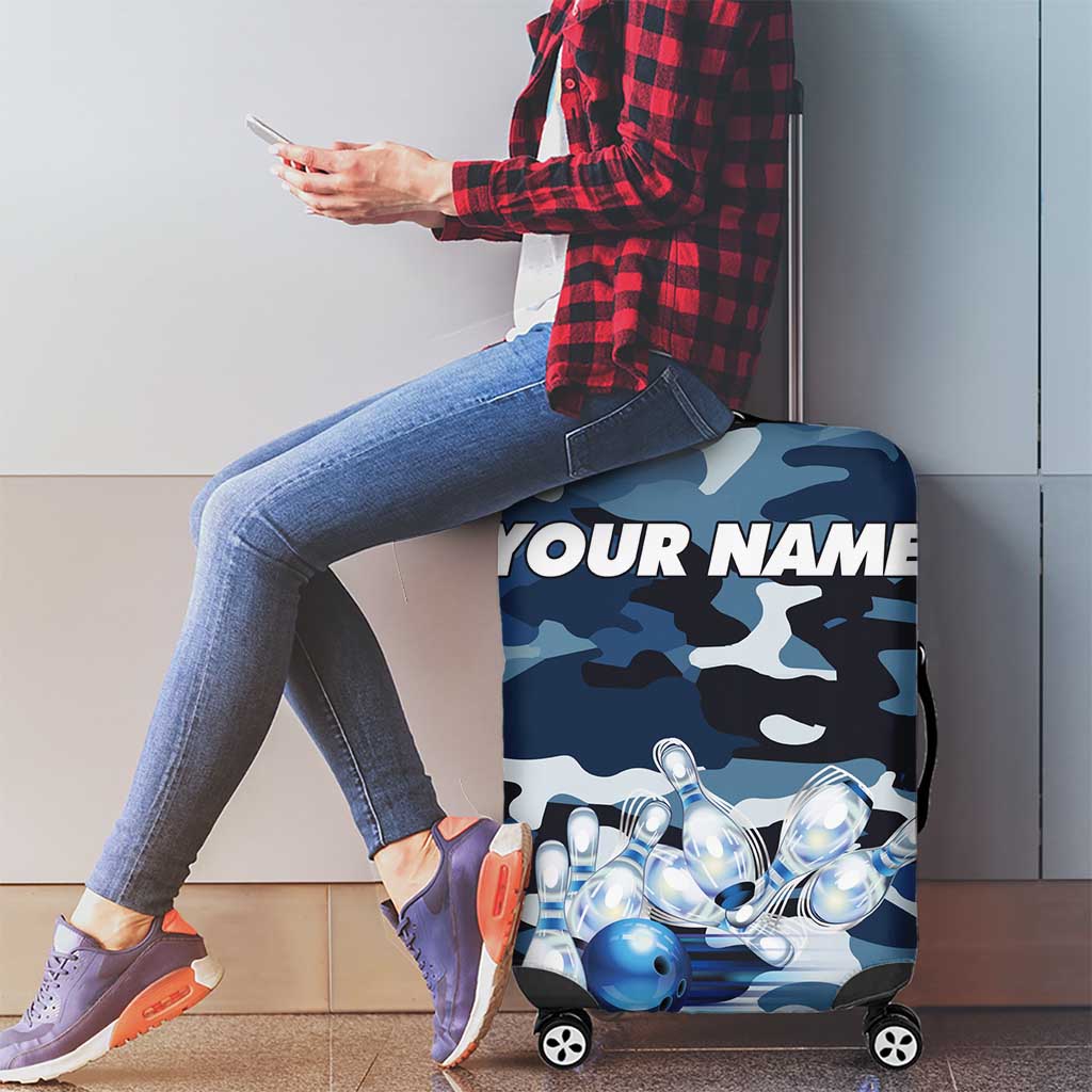 Blue Camouflage Pattern Luggage Cover with Bowling Pins and Ball Graphic Design TS04