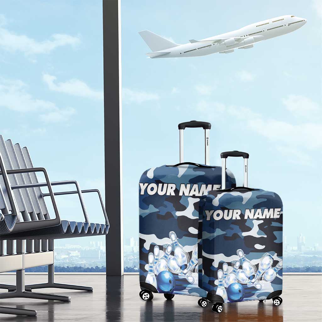 Blue Camouflage Pattern Luggage Cover with Bowling Pins and Ball Graphic Design TS04