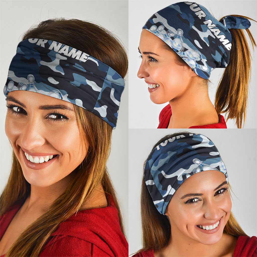 Blue Camouflage Pattern Neck Gaiter with Bowling Pins and Ball Graphic Design TS04