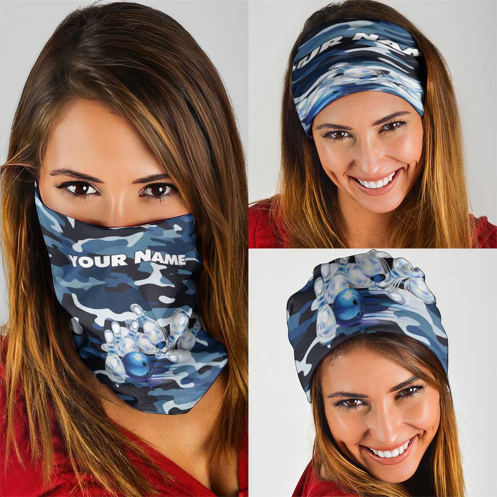 Blue Camouflage Pattern Neck Gaiter with Bowling Pins and Ball Graphic Design TS04