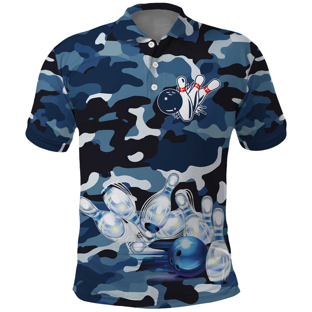 Blue Camouflage Pattern Polo Shirt with Bowling Pins and Ball Graphic Design TS04