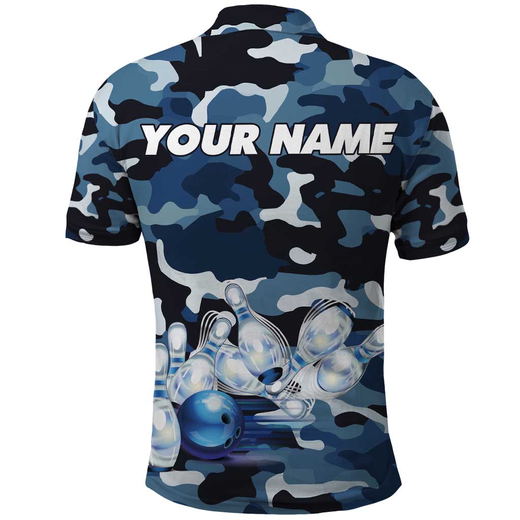 Blue Camouflage Pattern Polo Shirt with Bowling Pins and Ball Graphic Design TS04