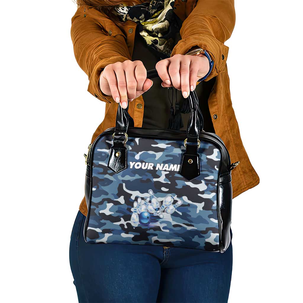 Blue Camouflage Pattern Shoulder Handbag with Bowling Pins and Ball Graphic Design TS04