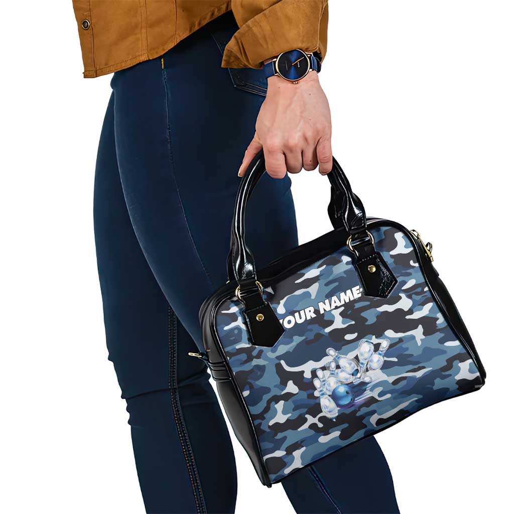 Blue Camouflage Pattern Shoulder Handbag with Bowling Pins and Ball Graphic Design TS04