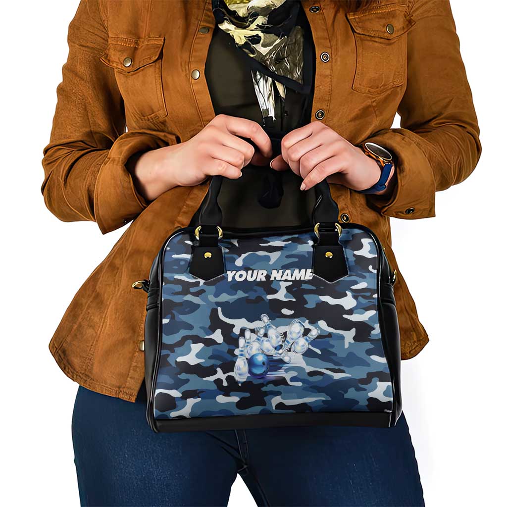 Blue Camouflage Pattern Shoulder Handbag with Bowling Pins and Ball Graphic Design TS04