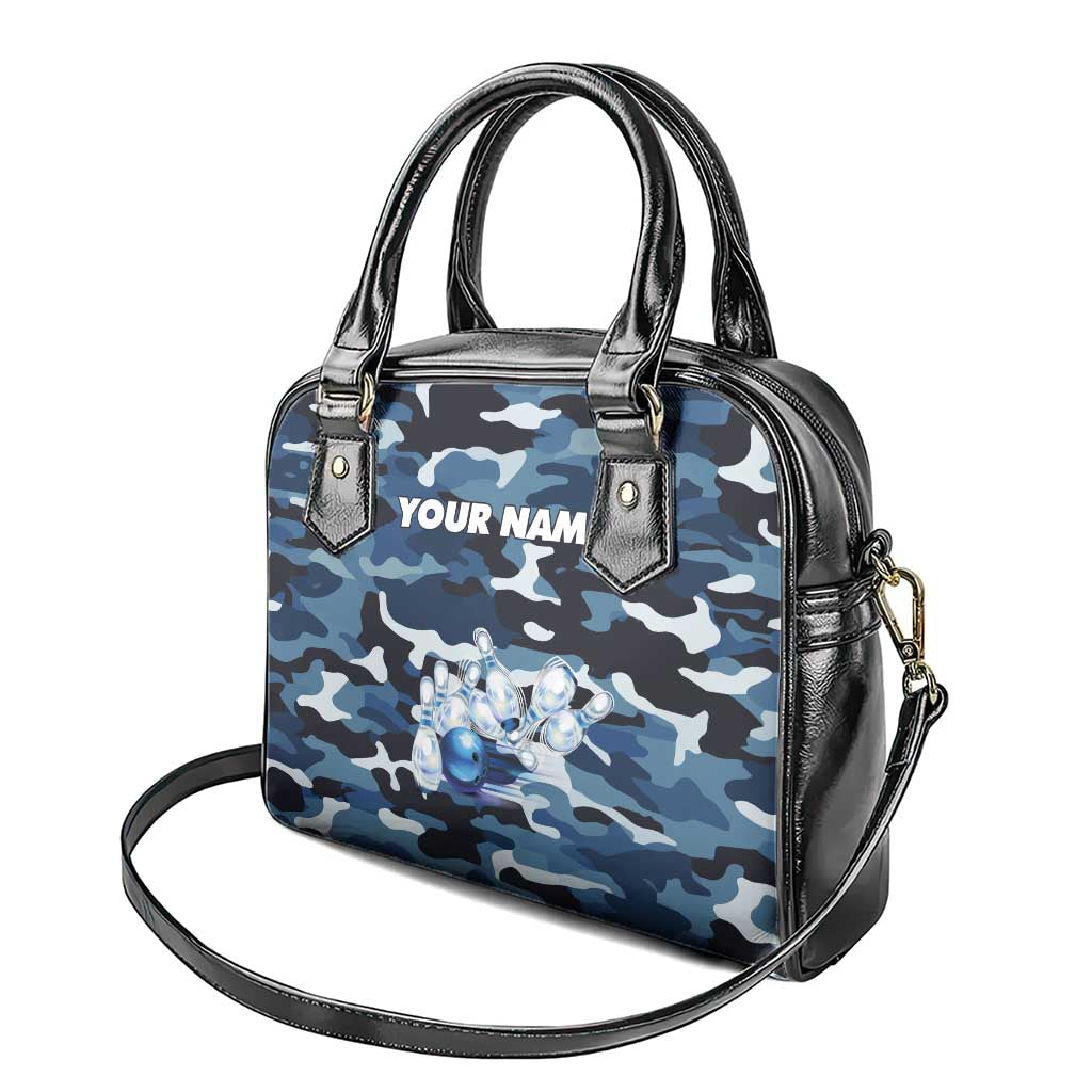 Blue Camouflage Pattern Shoulder Handbag with Bowling Pins and Ball Graphic Design TS04