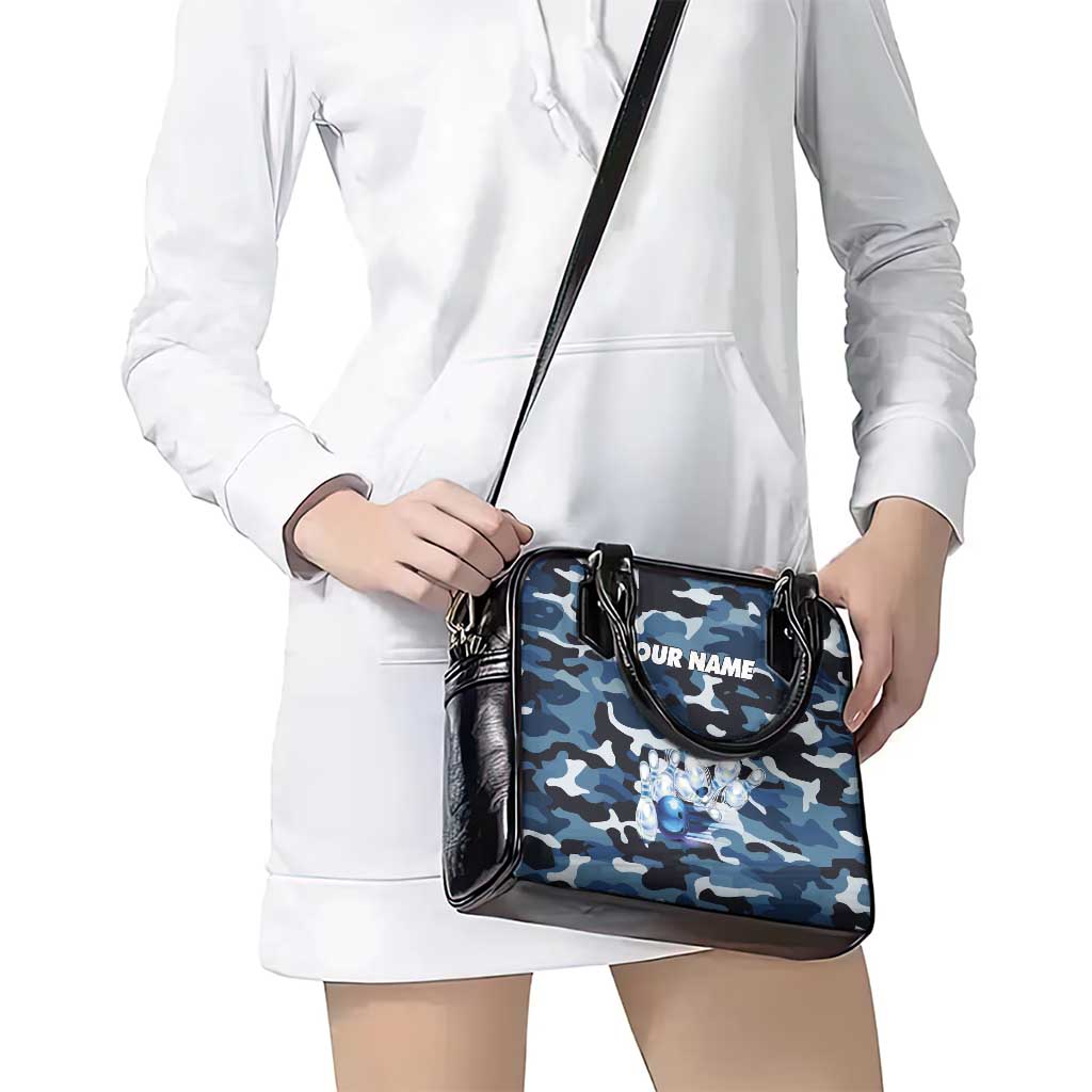 Blue Camouflage Pattern Shoulder Handbag with Bowling Pins and Ball Graphic Design TS04