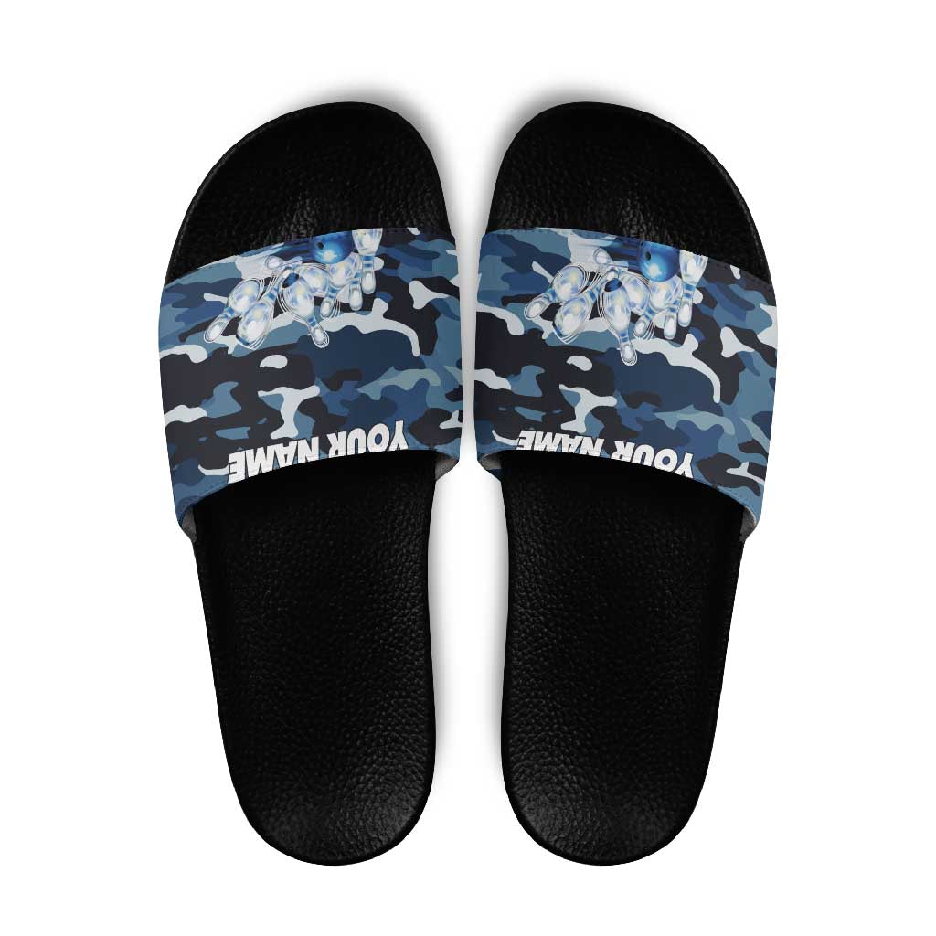 Blue Camouflage Pattern Slide Sandals with Bowling Pins and Ball Graphic Design TS04