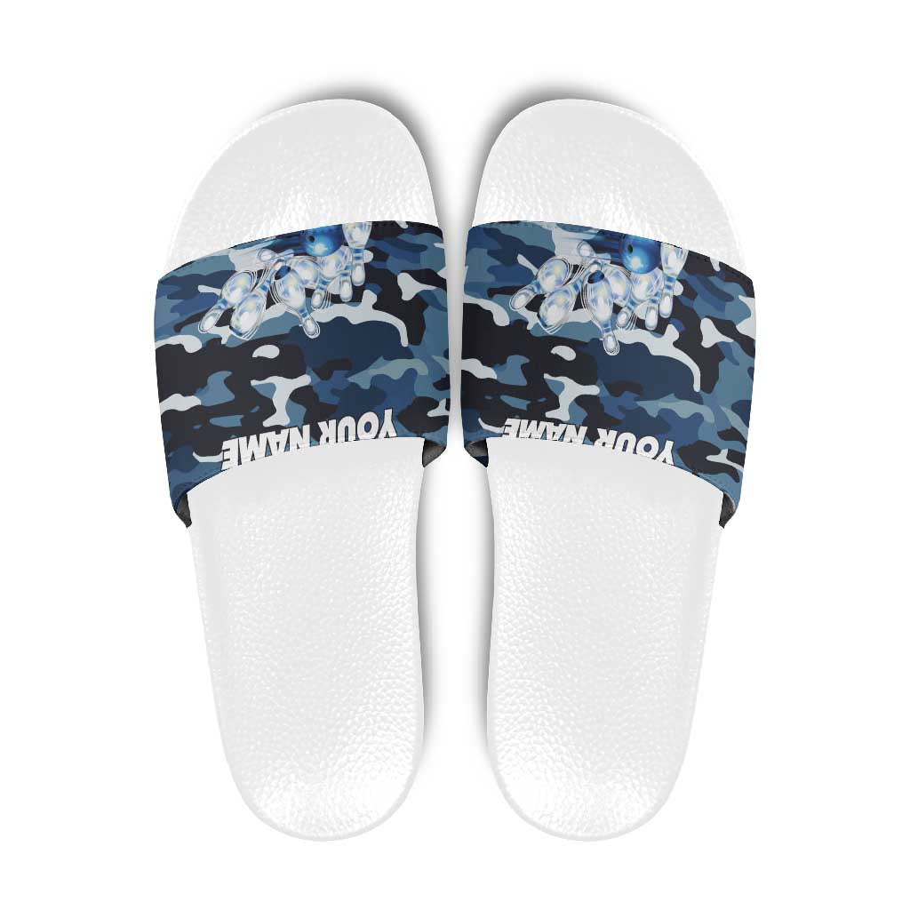 Blue Camouflage Pattern Slide Sandals with Bowling Pins and Ball Graphic Design TS04