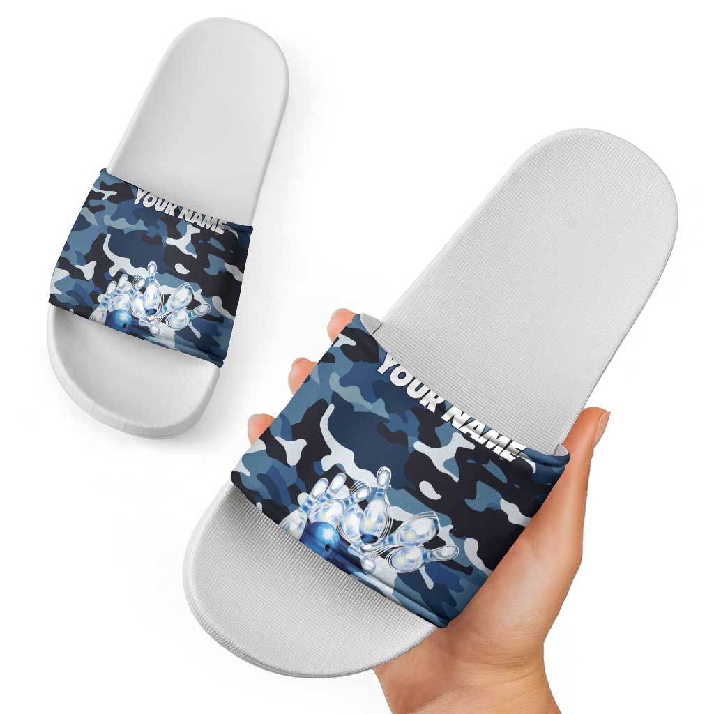 Blue Camouflage Pattern Slide Sandals with Bowling Pins and Ball Graphic Design TS04