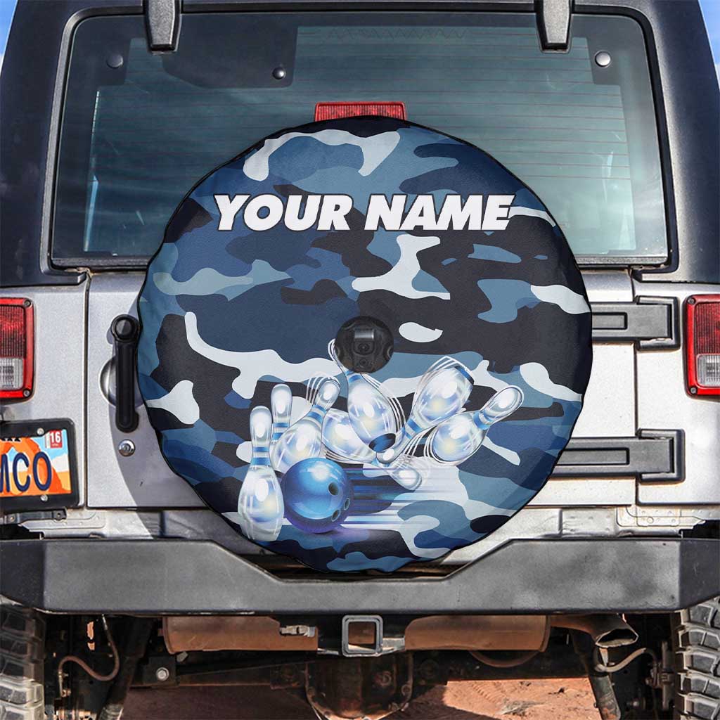 Blue Camouflage Pattern Spare Tire Cover with Bowling Pins and Ball Graphic Design TS04