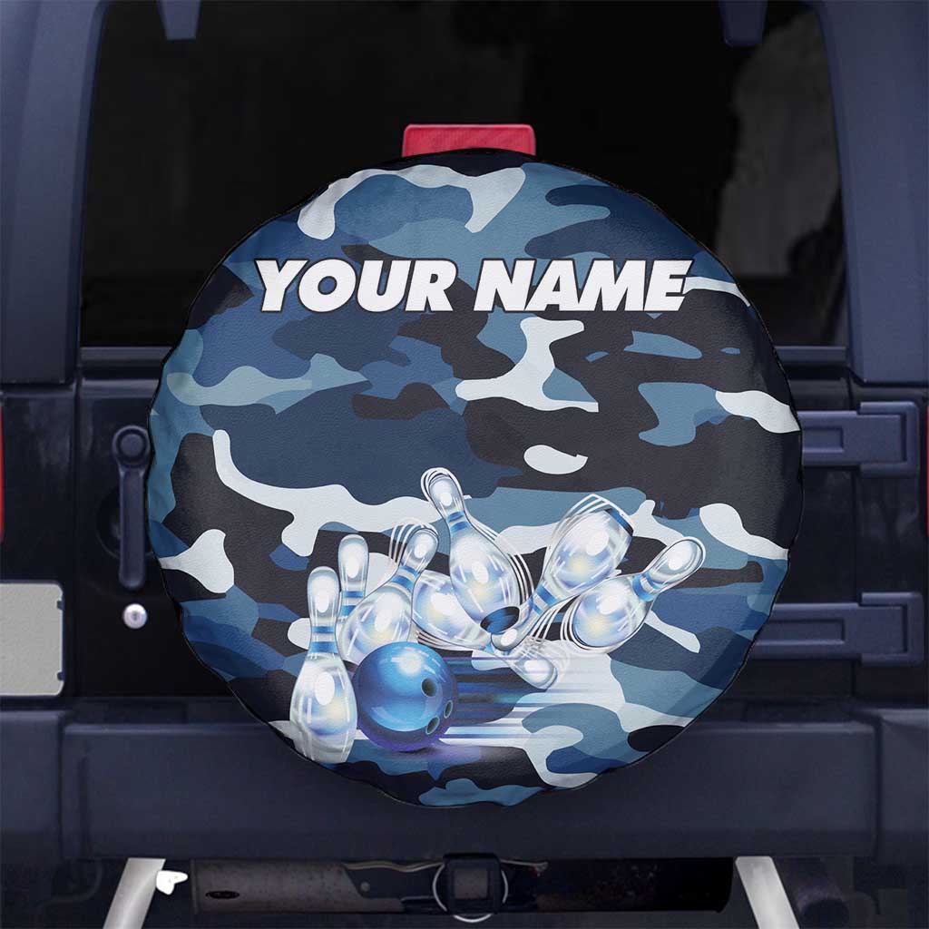 Blue Camouflage Pattern Spare Tire Cover with Bowling Pins and Ball Graphic Design TS04