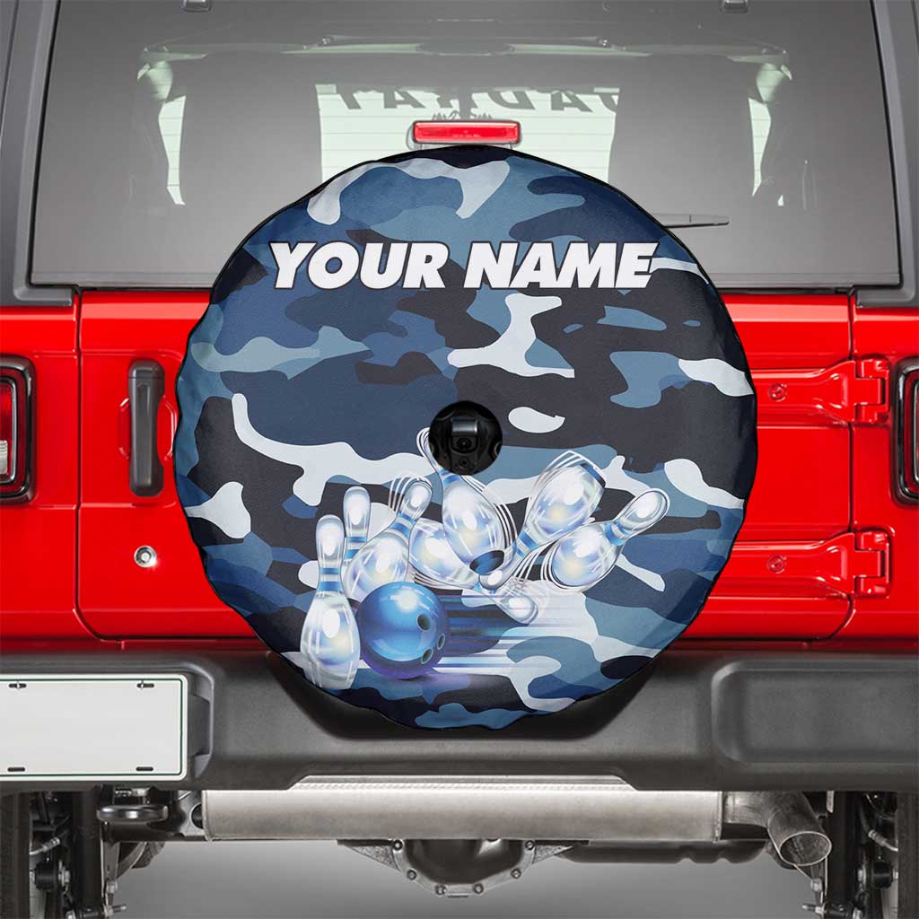 Blue Camouflage Pattern Spare Tire Cover with Bowling Pins and Ball Graphic Design TS04