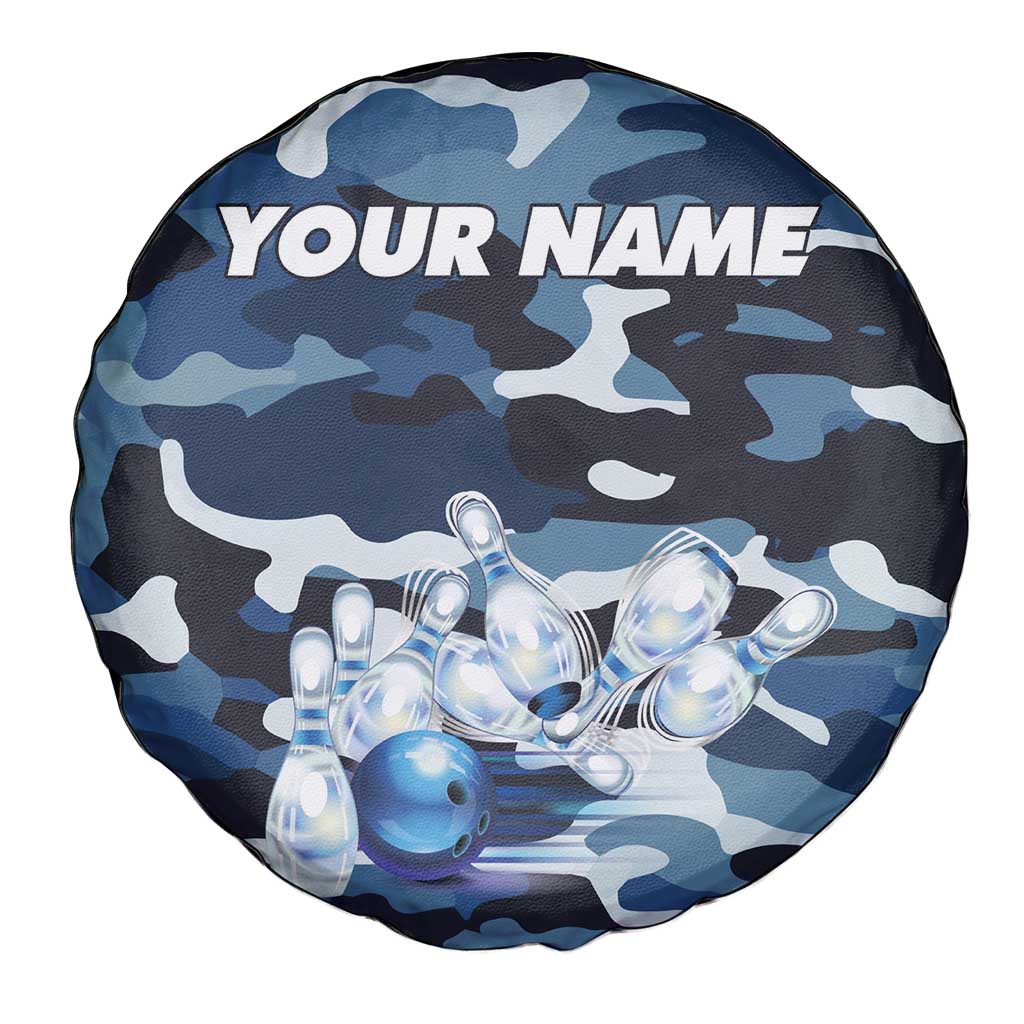 Blue Camouflage Pattern Spare Tire Cover with Bowling Pins and Ball Graphic Design TS04