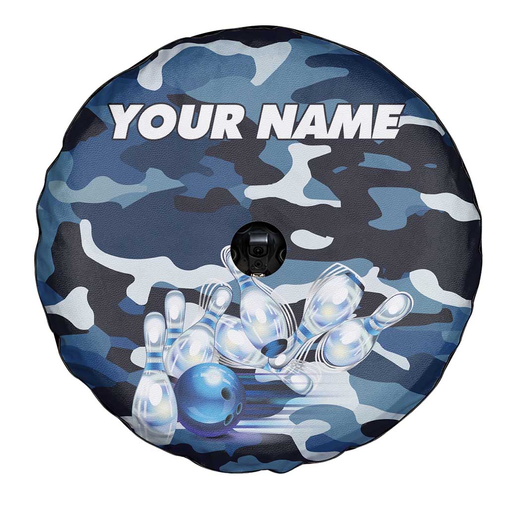 Blue Camouflage Pattern Spare Tire Cover with Bowling Pins and Ball Graphic Design TS04