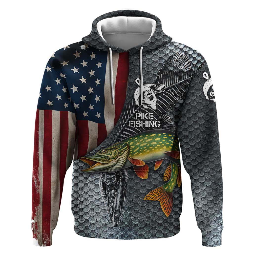 Pike Fishing Hoodie with American Flag and Realistic Fish Scale Texture Design TS04