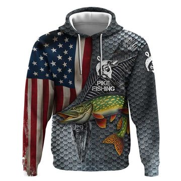 Pike Fishing Hoodie with American Flag and Realistic Fish Scale Texture Design TS04