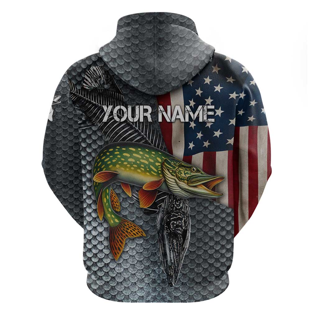 Pike Fishing Hoodie with American Flag and Realistic Fish Scale Texture Design TS04