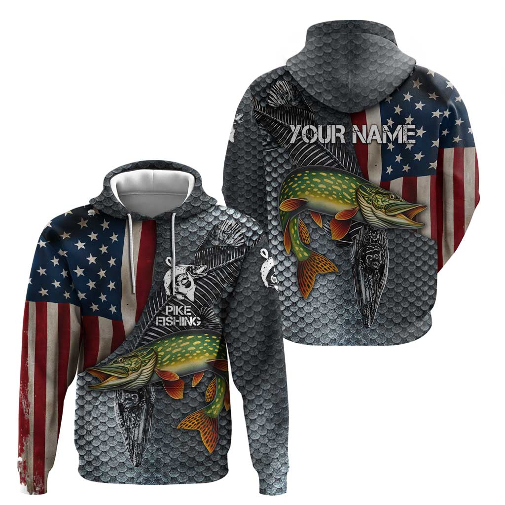 Pike Fishing Hoodie with American Flag and Realistic Fish Scale Texture Design TS04
