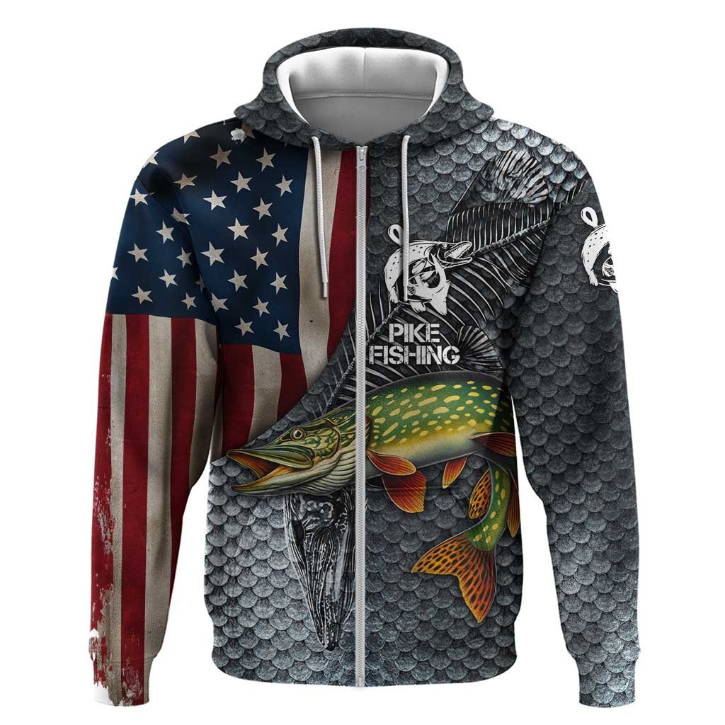 Pike Fishing Hoodie with American Flag and Realistic Fish Scale Texture Design TS04