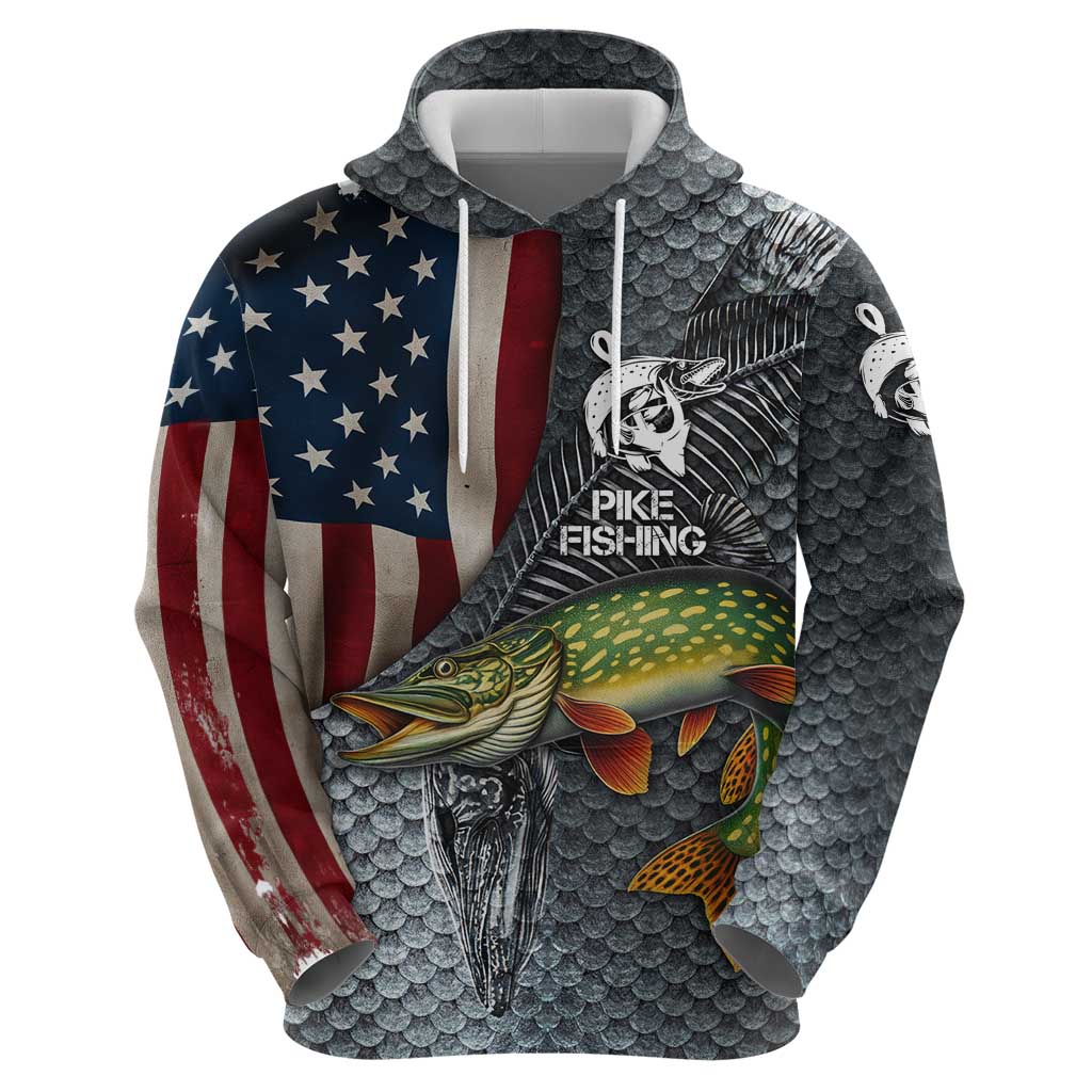 Pike Fishing Hoodie with American Flag and Realistic Fish Scale Texture Design TS04
