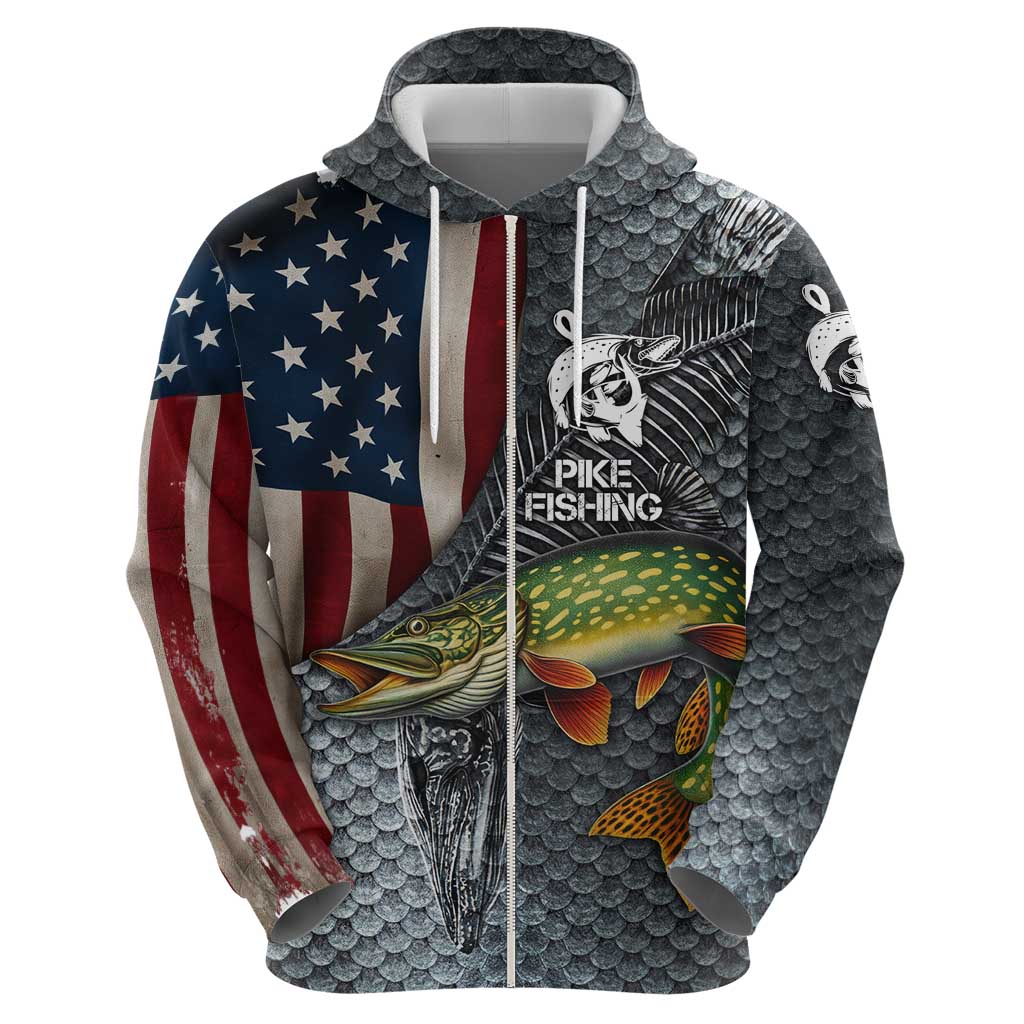 Pike Fishing Hoodie with American Flag and Realistic Fish Scale Texture Design TS04