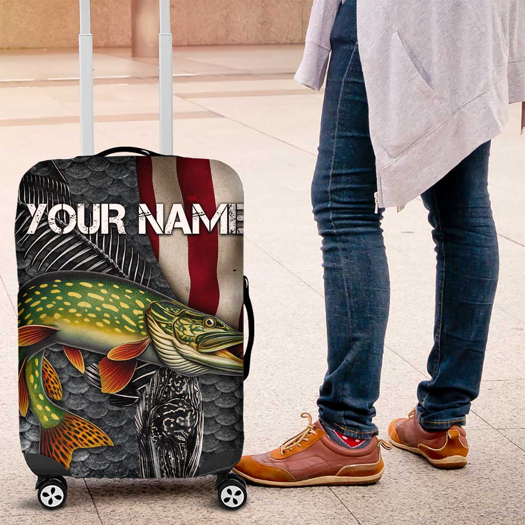 Pike Fishing Luggage Cover with American Flag and Realistic Fish Scale Texture Design TS04