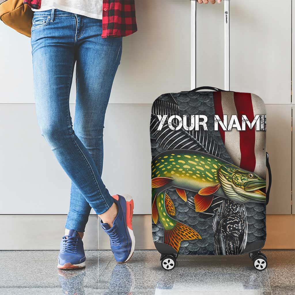 Pike Fishing Luggage Cover with American Flag and Realistic Fish Scale Texture Design TS04