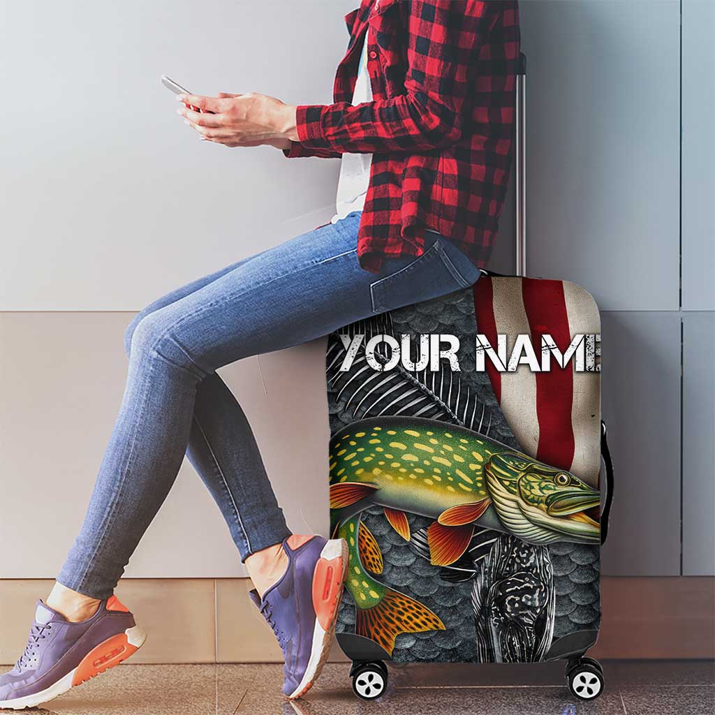 Pike Fishing Luggage Cover with American Flag and Realistic Fish Scale Texture Design TS04