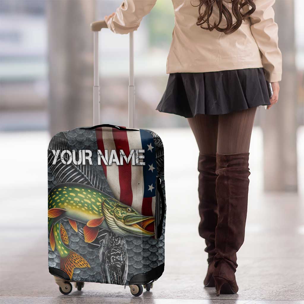 Pike Fishing Luggage Cover with American Flag and Realistic Fish Scale Texture Design TS04