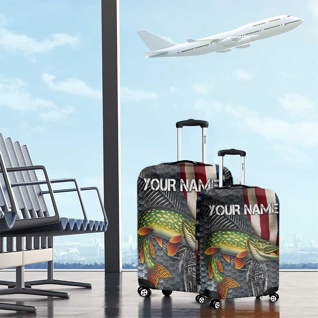 Pike Fishing Luggage Cover with American Flag and Realistic Fish Scale Texture Design TS04