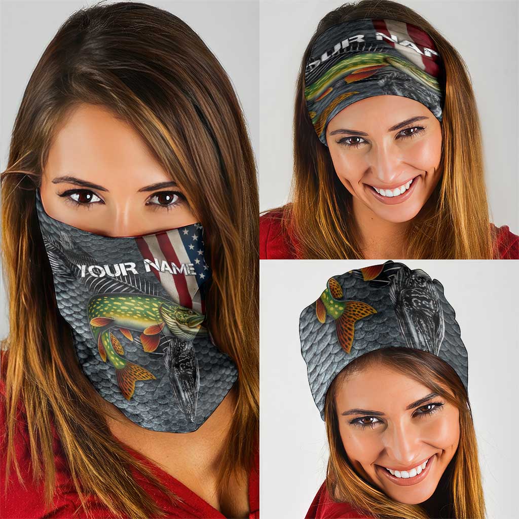 Pike Fishing Neck Gaiter with American Flag and Realistic Fish Scale Texture Design TS04